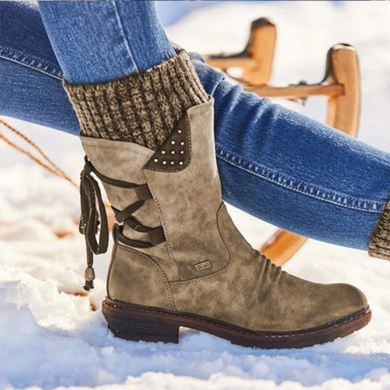 Botas de nieve de media pantorrilla anchas con encaje trasero cálido para mujer