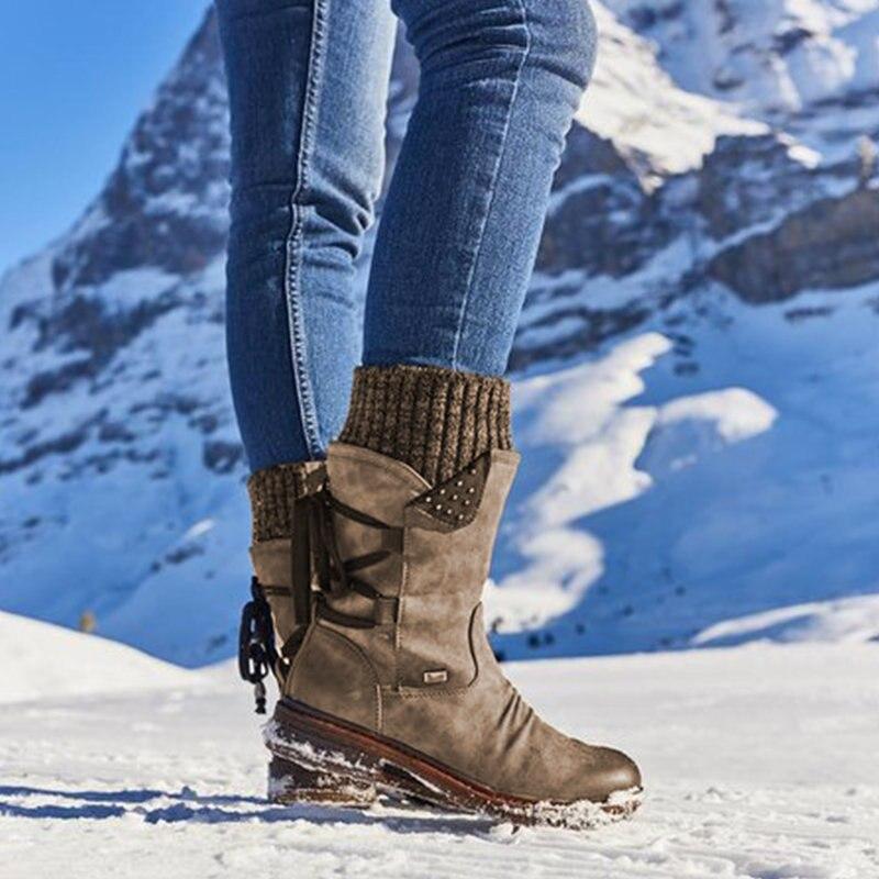 Botas de nieve de media pantorrilla anchas con encaje trasero cálido para mujer