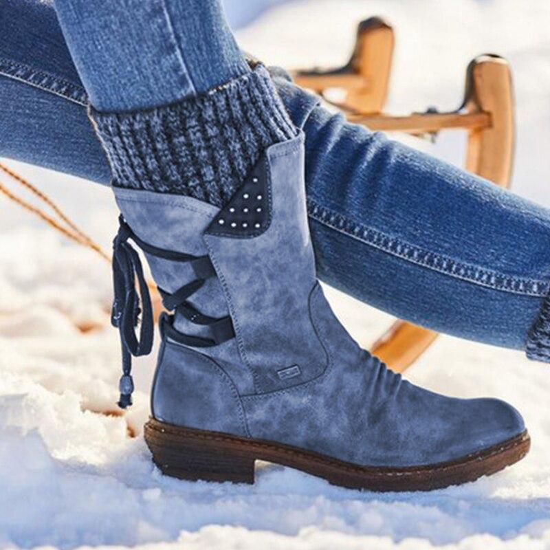 Botas de nieve de media pantorrilla anchas con encaje trasero cálido para mujer