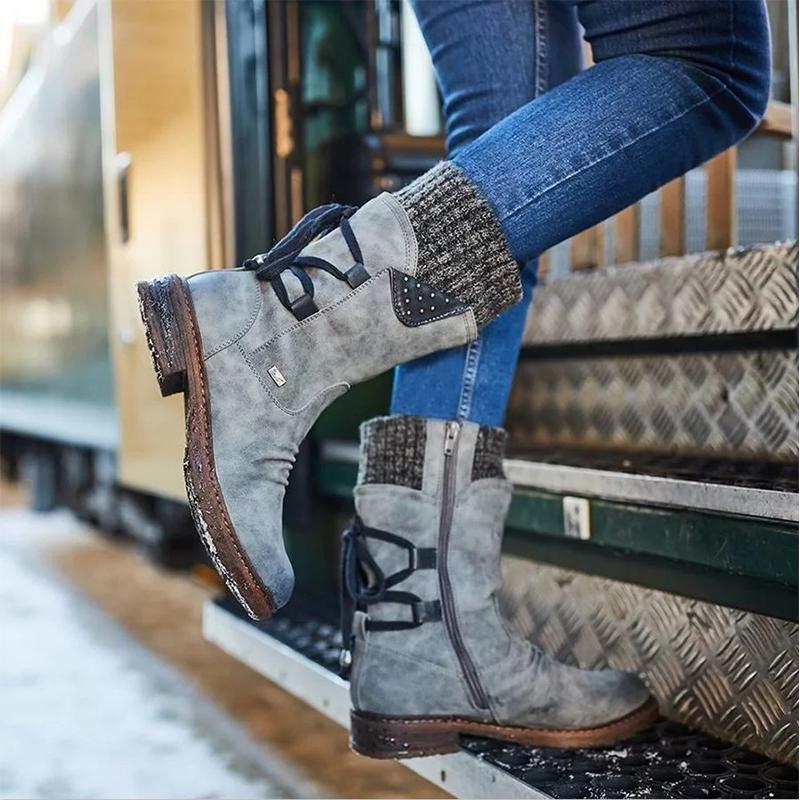 Botas de nieve de media pantorrilla anchas con encaje trasero cálido para mujer
