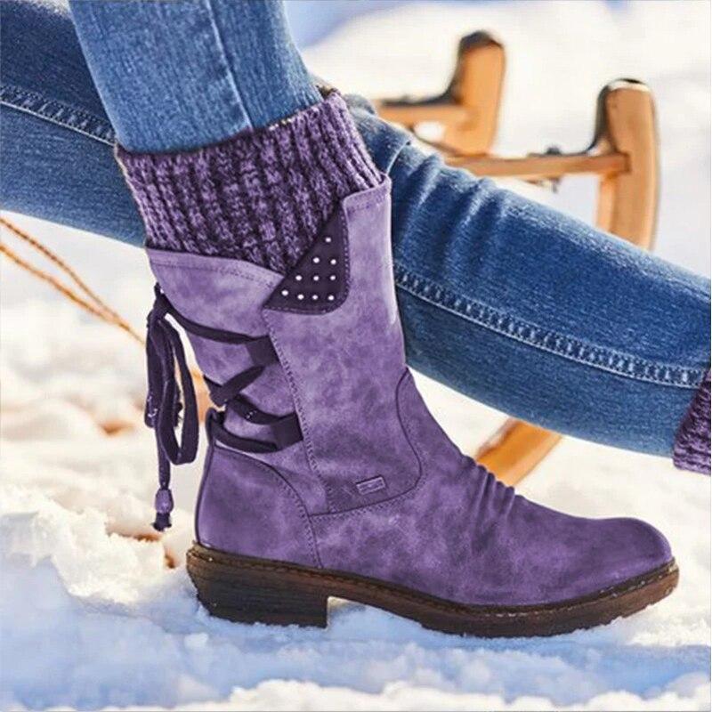 Botas de nieve de media pantorrilla anchas con encaje trasero cálido para mujer