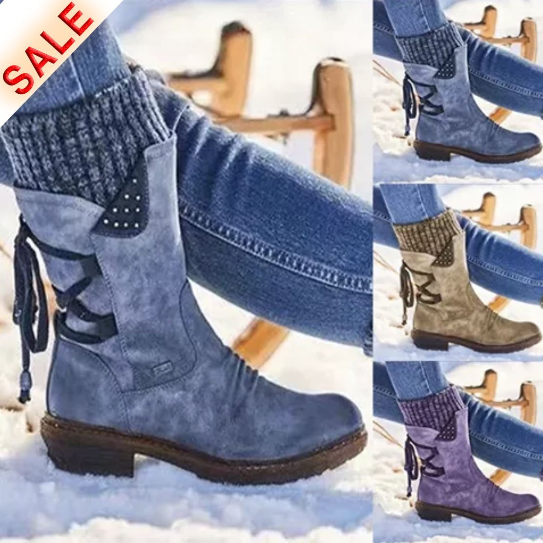 Botas de nieve de media pantorrilla anchas con encaje trasero cálido para mujer
