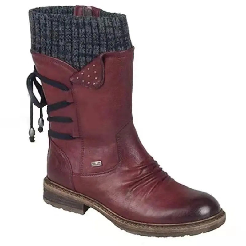 Botas de nieve de media pantorrilla anchas con encaje trasero cálido para mujer