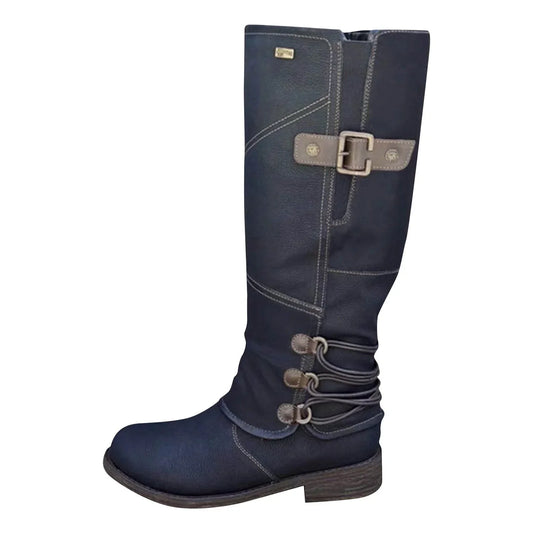 Botas altas de piel vintage con cremallera y pantorrilla ancha para mujer