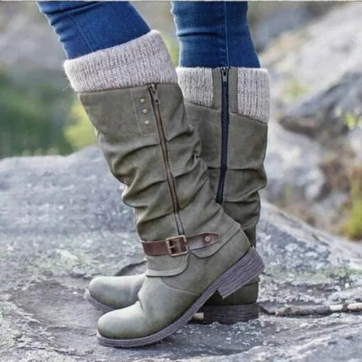 OFERTA CALIENTE 45% DE DESCUENTO🔥Botas de cuero para mujer con tacón plano, ancho y cremallera hasta media pantorrilla