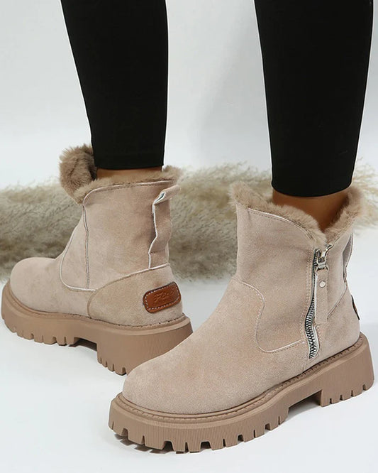 Botas de nieve de invierno para mujer con cremallera y ribete esponjoso 