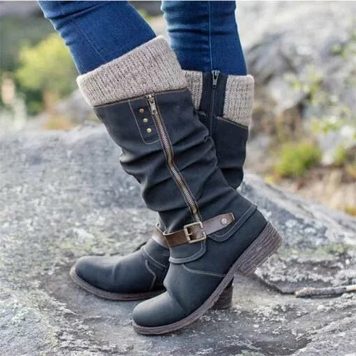 OFERTA CALIENTE 45% DE DESCUENTO🔥Botas de cuero para mujer con tacón plano, ancho y cremallera hasta media pantorrilla