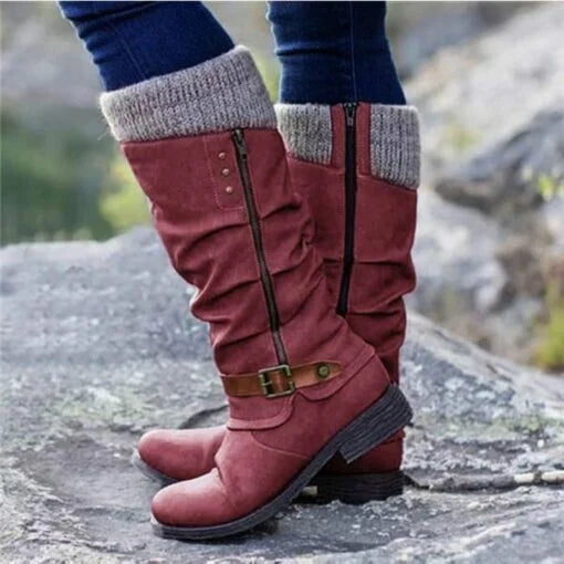 OFERTA CALIENTE 45% DE DESCUENTO🔥Botas de cuero para mujer con tacón plano, ancho y cremallera hasta media pantorrilla