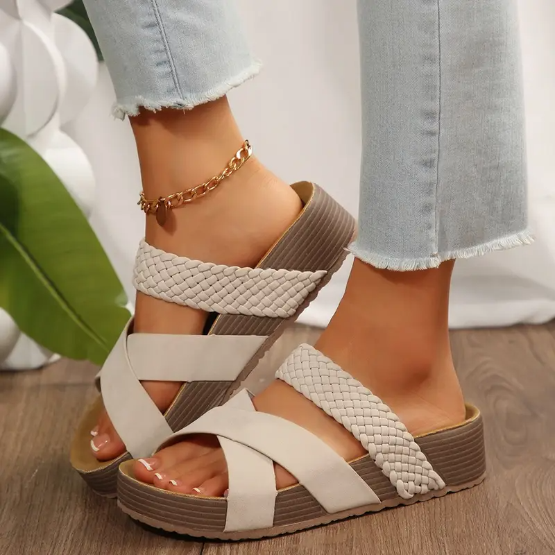 Sandalias ortopédicas para mujer, suela gruesa, trenzadas, cruzadas, informales, de color liso, para playa