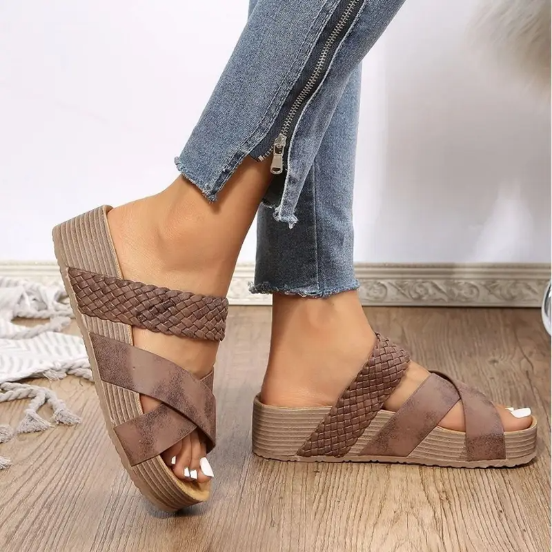 Sandalias ortopédicas para mujer, suela gruesa, trenzadas, cruzadas, informales, de color liso, para playa