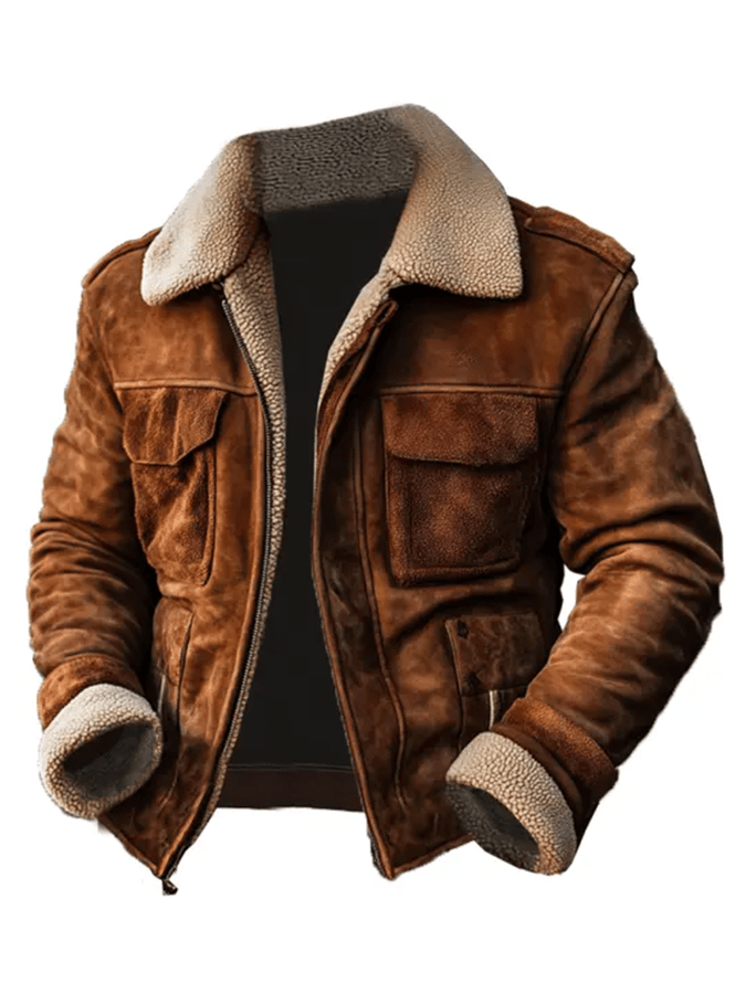 Chaqueta de exterior vintage de ante con patchwork de lana de cordero, multibolsillos y cuello invertido para hombre