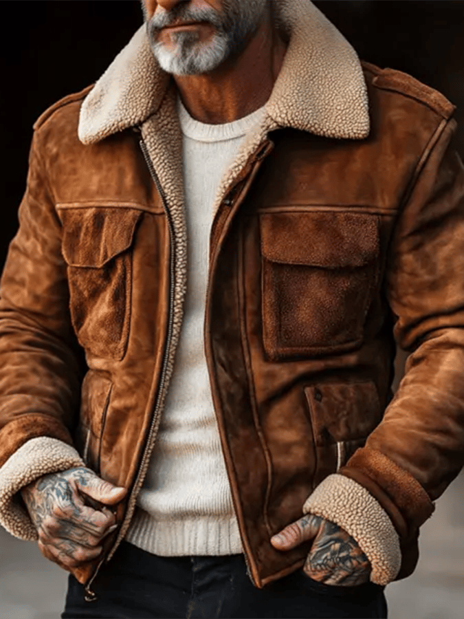 Chaqueta de exterior vintage de ante con patchwork de lana de cordero, multibolsillos y cuello invertido para hombre