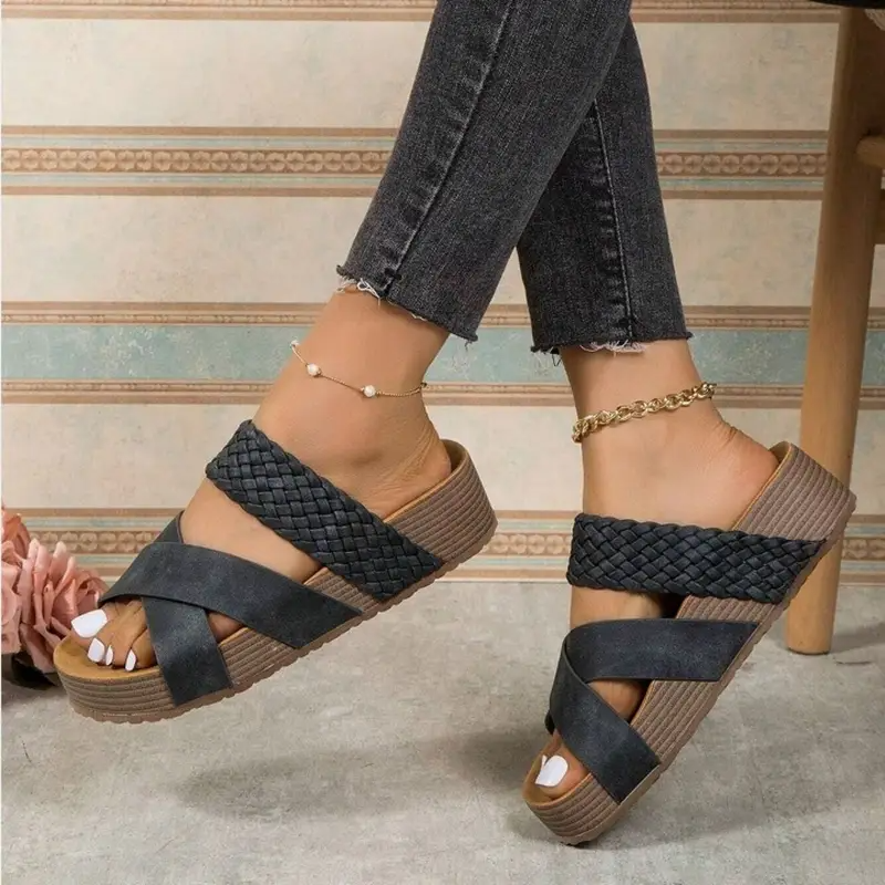 Sandalias ortopédicas para mujer, suela gruesa, trenzadas, cruzadas, informales, de color liso, para playa