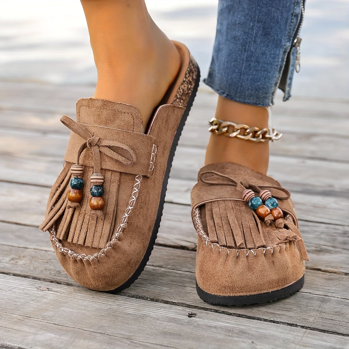 Bohemian Style Women's Slip-on Shoes, Wedge Heel Thick Soled Sandals