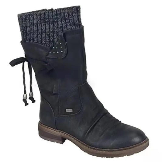 Botas de nieve de media pantorrilla anchas con encaje trasero cálido para mujer 