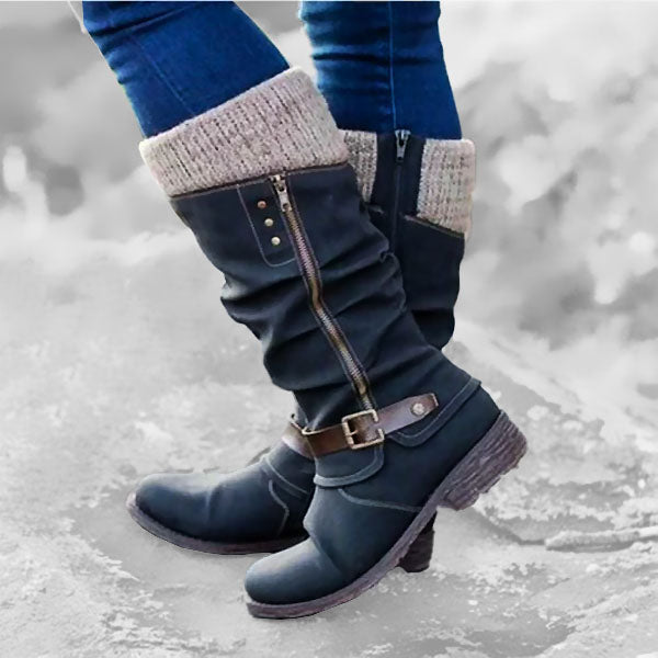 OFERTA CALIENTE 45% DE DESCUENTO🔥Botas de cuero para mujer con tacón plano, ancho y cremallera hasta media pantorrilla