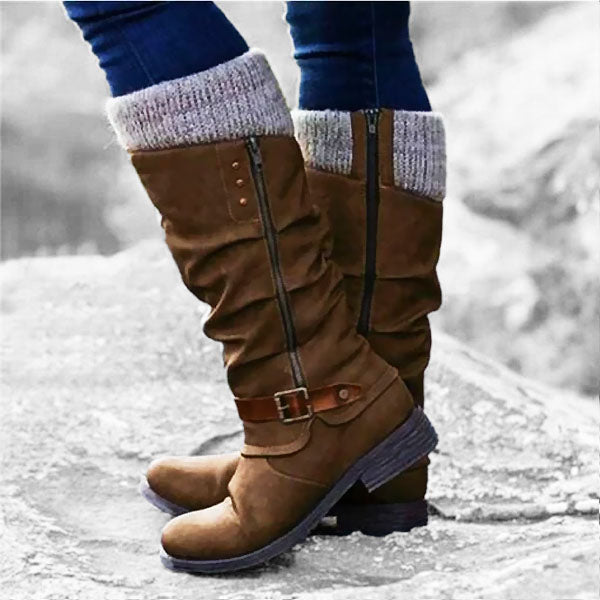 OFERTA CALIENTE 45% DE DESCUENTO🔥Botas de cuero para mujer con tacón plano, ancho y cremallera hasta media pantorrilla