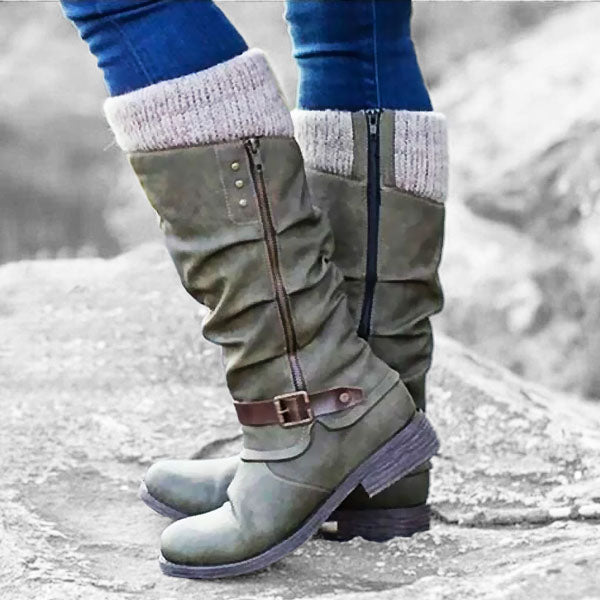 OFERTA CALIENTE 45% DE DESCUENTO🔥Botas de cuero para mujer con tacón plano, ancho y cremallera hasta media pantorrilla