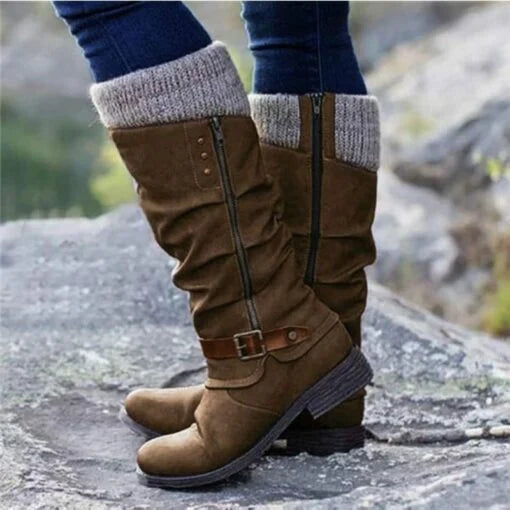 OFERTA CALIENTE 45% DE DESCUENTO🔥Botas de cuero para mujer con tacón plano, ancho y cremallera hasta media pantorrilla