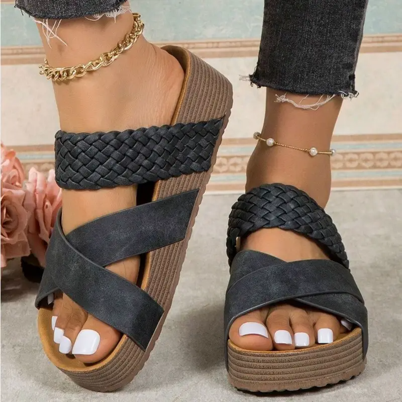 Sandalias ortopédicas para mujer, suela gruesa, trenzadas, cruzadas, informales, de color liso, para playa