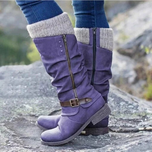 OFERTA CALIENTE 45% DE DESCUENTO🔥Botas de cuero para mujer con tacón plano, ancho y cremallera hasta media pantorrilla