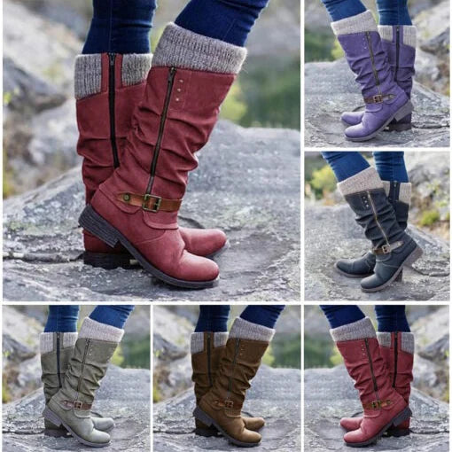 OFERTA CALIENTE 45% DE DESCUENTO🔥Botas de cuero para mujer con tacón plano, ancho y cremallera hasta media pantorrilla