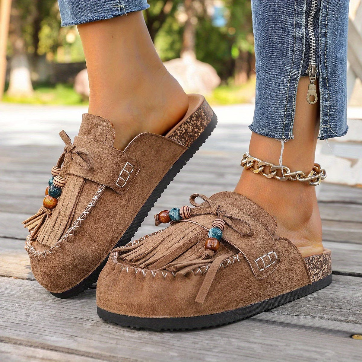 Bohemian Style Women's Slip-on Shoes, Wedge Heel Thick Soled Sandals