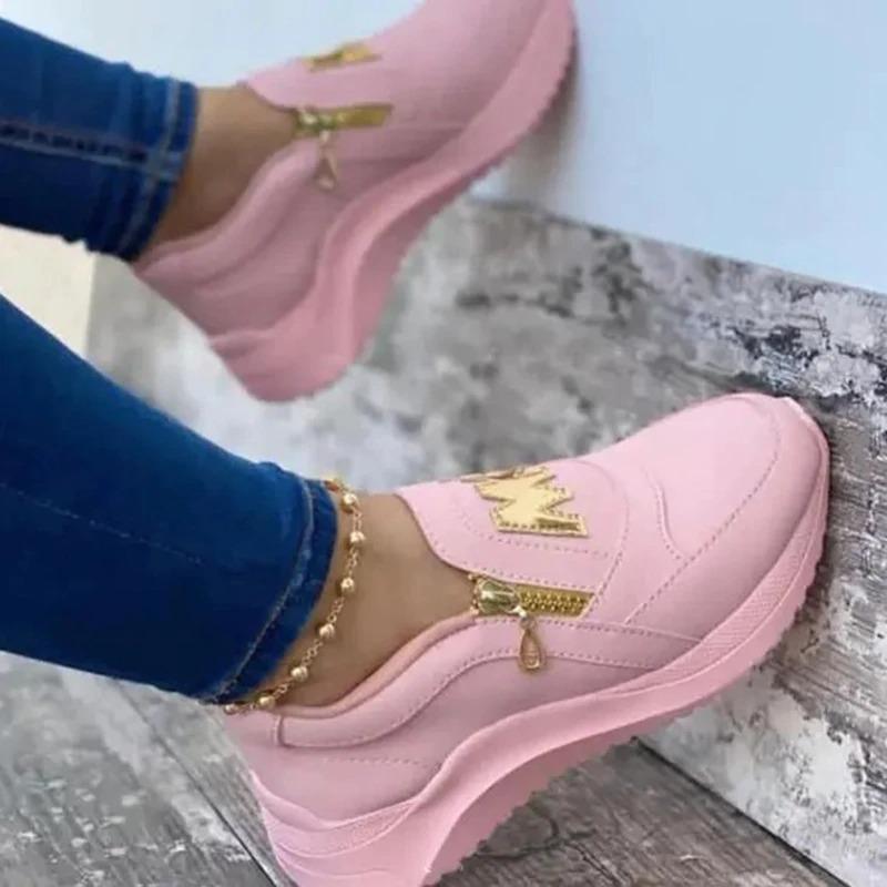 Zapatillas deportivas cómodas con cremallera y decoración de letras para mujer